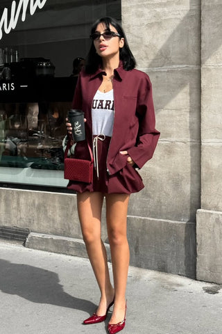 Burgundy Oversized Jacket and Bubble Skort Set