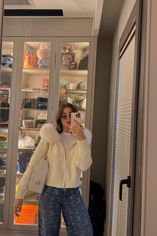 Faux Fur Trimmed Knitted Hooded Cardigan