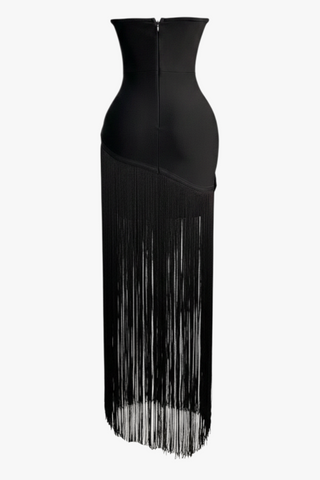 Nevo strapless black bodycon maxi dress featuring long cascading fringe detailing and a structured bodice