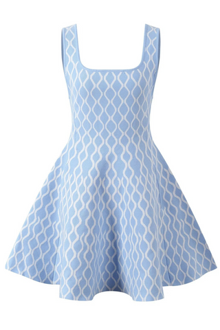 Light Blue and White Patterned Knitted Sleeveless Mini Dress with Square Neckline