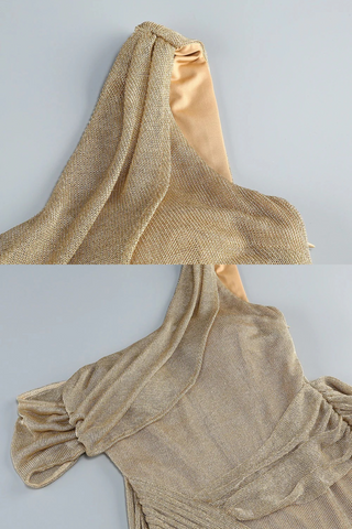 Soleil Drape One-Shoulder Long Dress – Metallic Knit Elegance