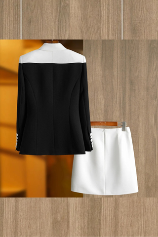 Two-Tone Blazer & Skirt Set – Black and White Contrast Tailored Jacket with Mini Skirt