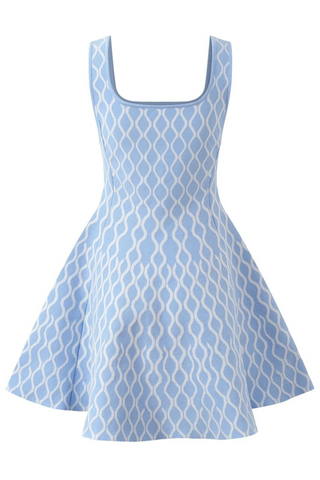 Light Blue and White Patterned Knitted Sleeveless Mini Dress with Square Neckline